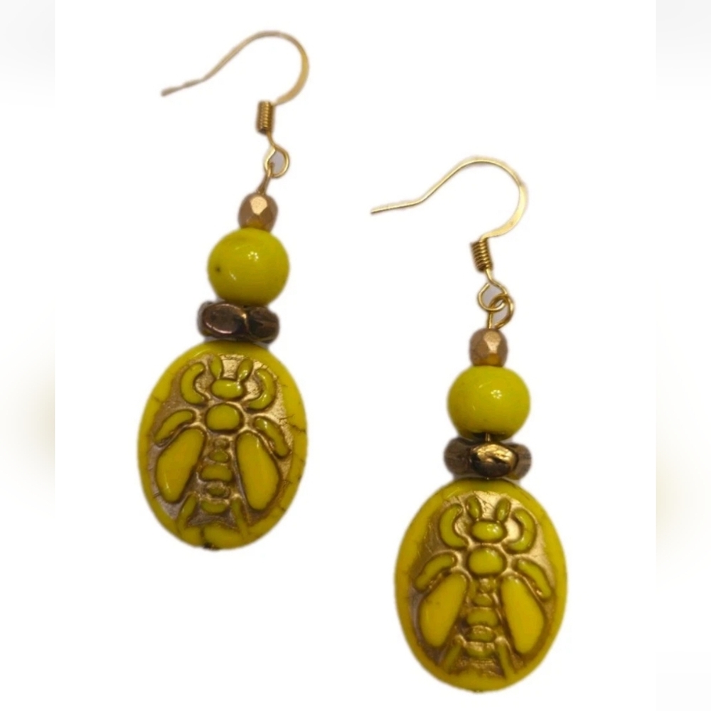 New OOAK Handmade Yellow Insect Bead Dangle Earrings Perfect for Spring & Summer